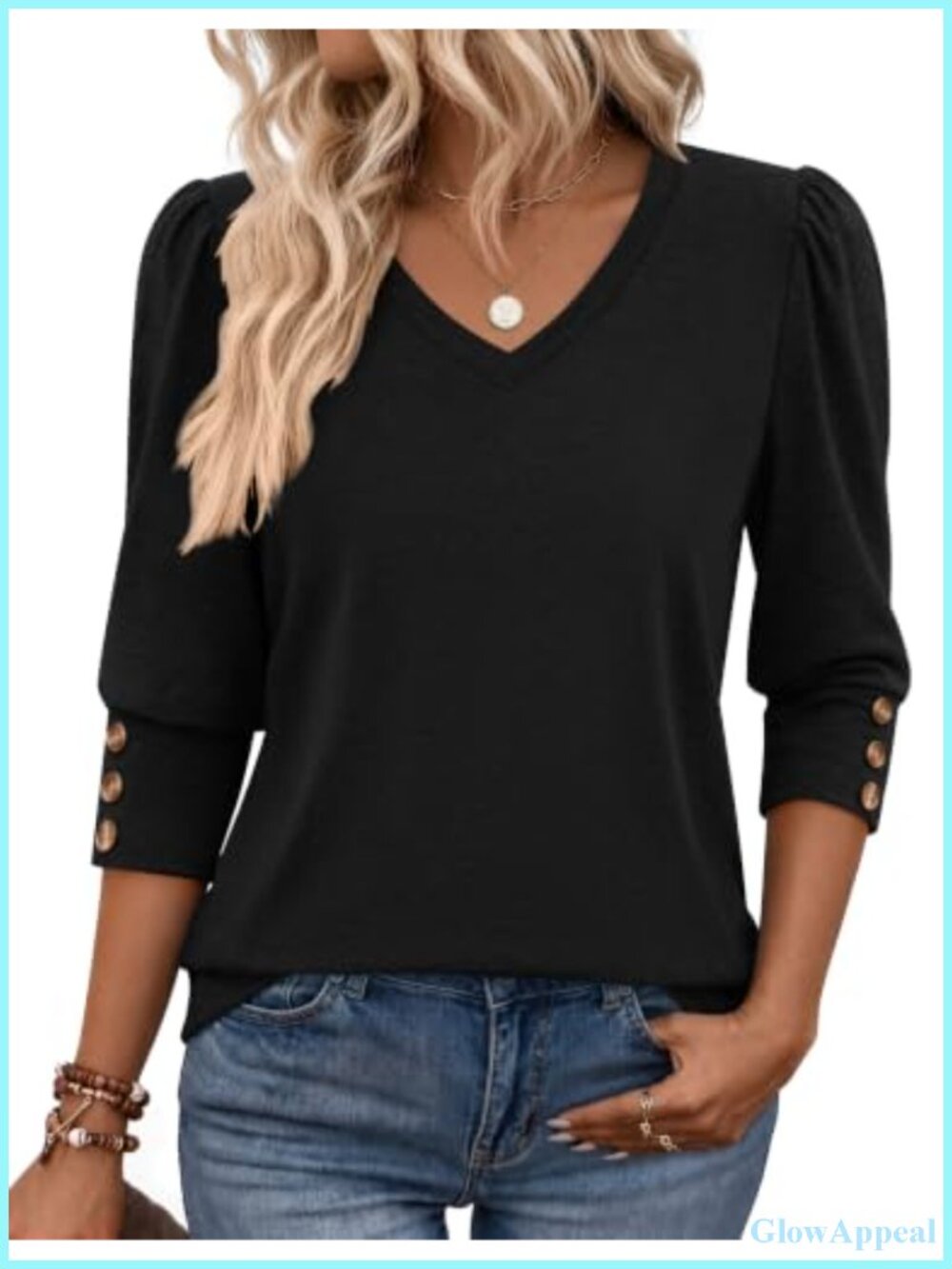 Womens 3/4 Sleeve V Neck Tunic Top Puff Sleeve Button Detail Dressy Casual